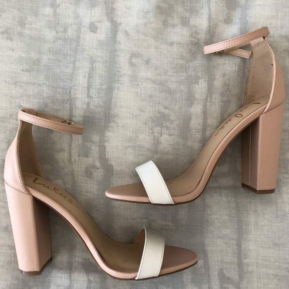 Lulus Taylor Light Nude and White Color Block Ankle Strap Heels - Picture 4 of 6